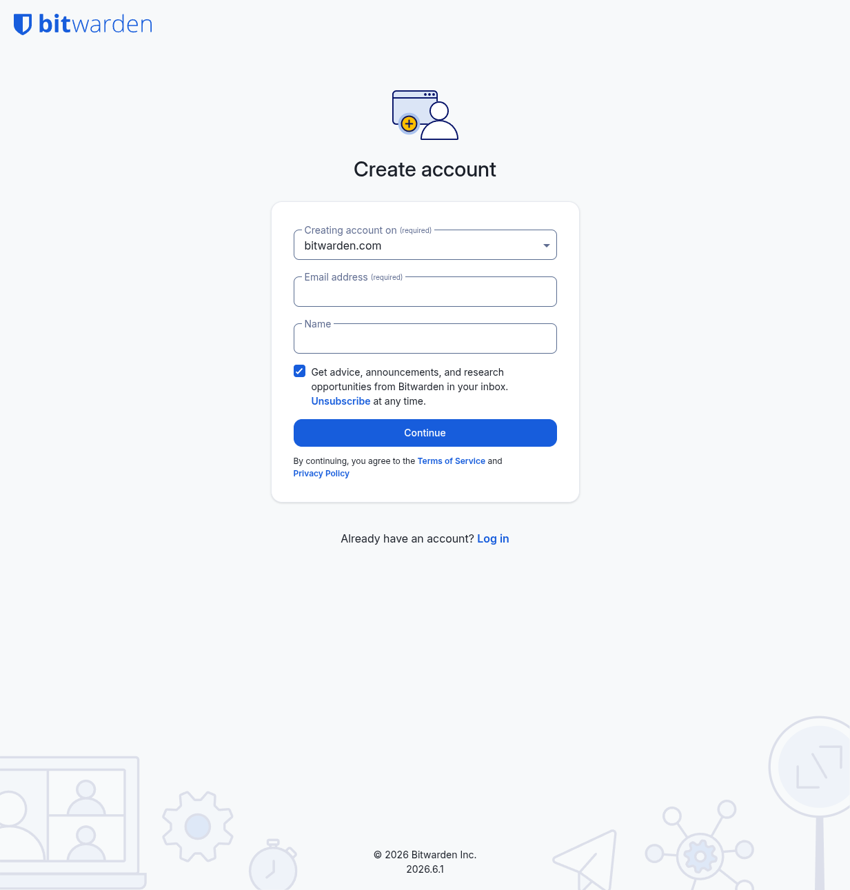 Bitwarden account creation / registration page
