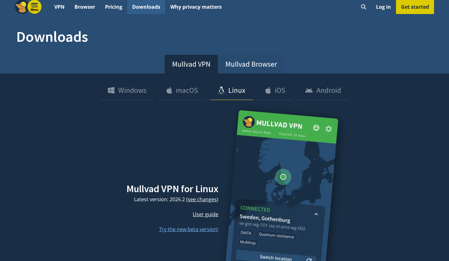 Mullvad download page with the Linux .deb package