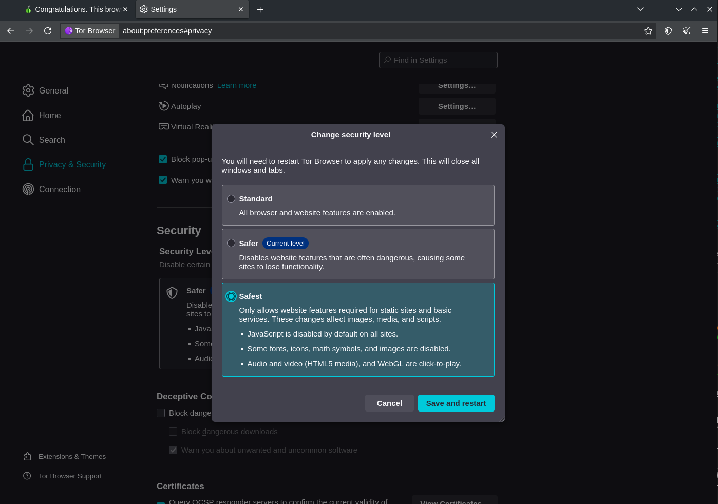 Tor Browser&rsquo;s &ldquo;Change security level&rdquo; dialog — Standard, Safer, and Safest